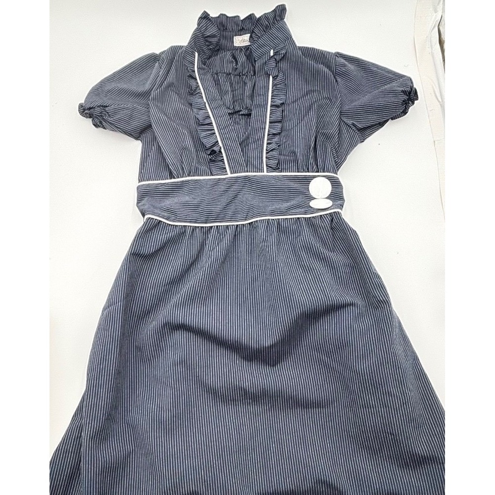 Stone Flower  Navy Blue Pinstripe Ruffle V-Neck Puff Sleeve‎ Tie Back Dress-S
